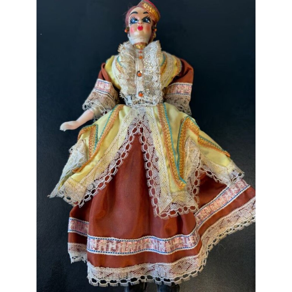 Greek Costume Doll Tasselled Fez Lace Trimmed Skirt Painted Face Souvenir